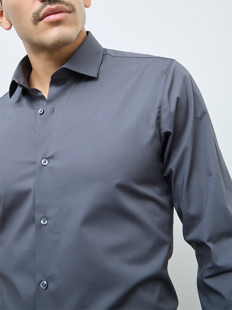 WES Formals Dark Grey Solid Ultra Slim-Fit Cotton-Blend Shirt
