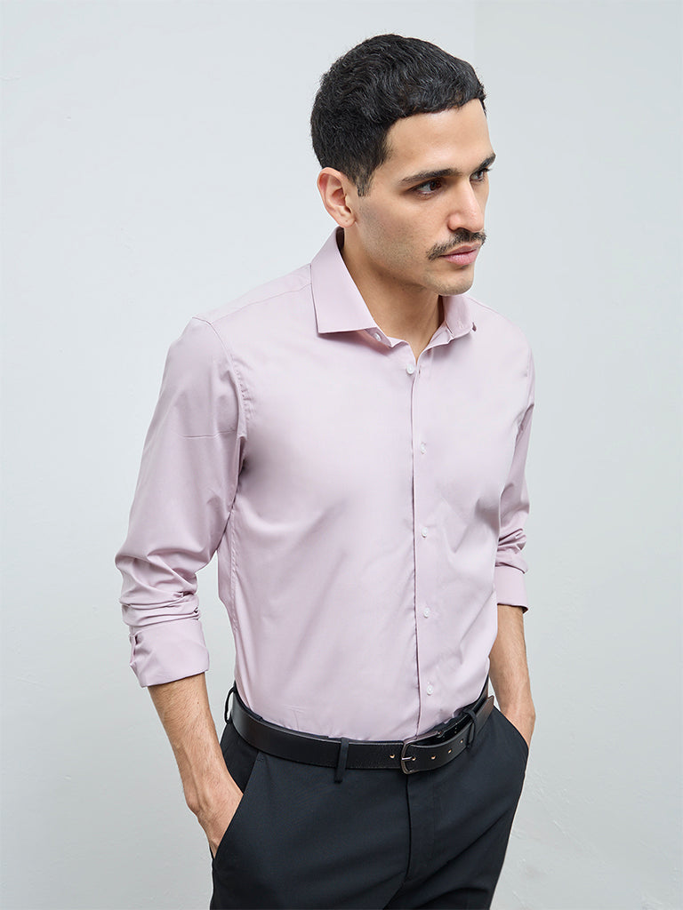 WES Formals Dusty Pink Solid Ultra Slim-Fit Cotton-Blend Shirt