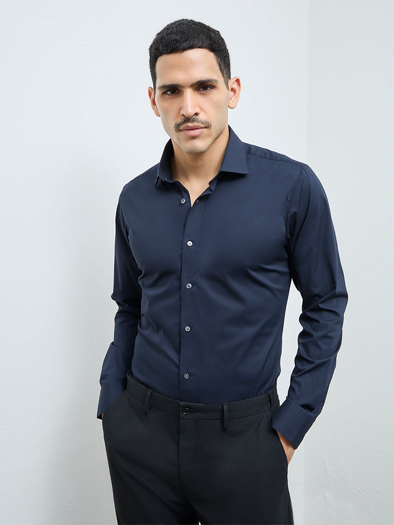 WES Formals Navy Solid Slim-Fit Cotton Shirt