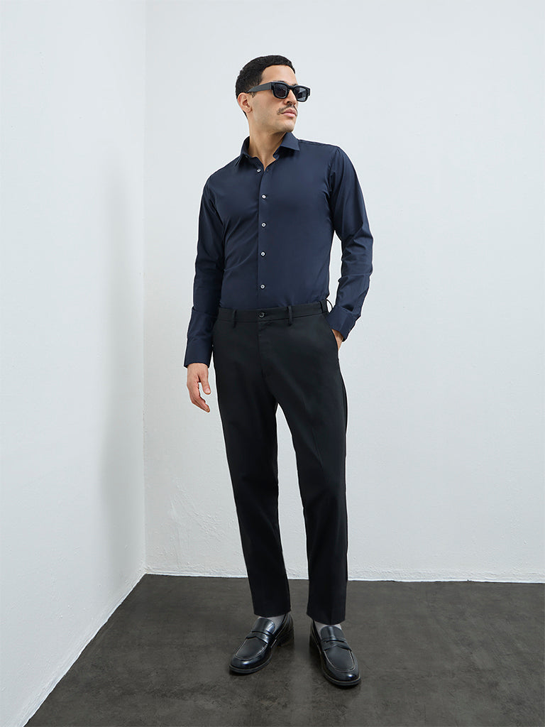 WES Formals Navy Solid Slim-Fit Cotton Shirt