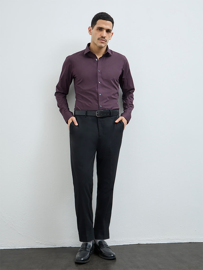 WES Formals Wine Solid Ultra Slim-Fit Cotton-Blend Shirt