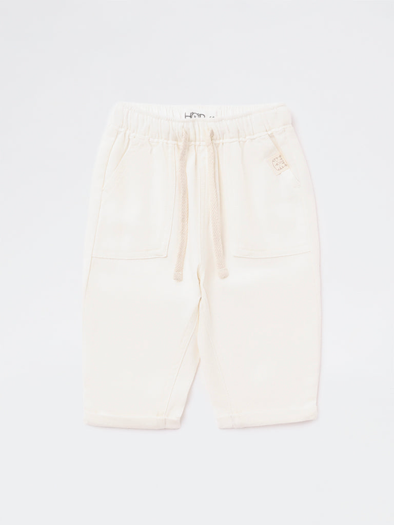 HOP Baby Girls Off-White Mid-Rise Cotton-Blend Pants