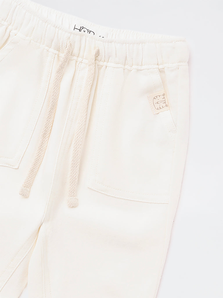 HOP Baby Girls Off-White Mid-Rise Cotton-Blend Pants