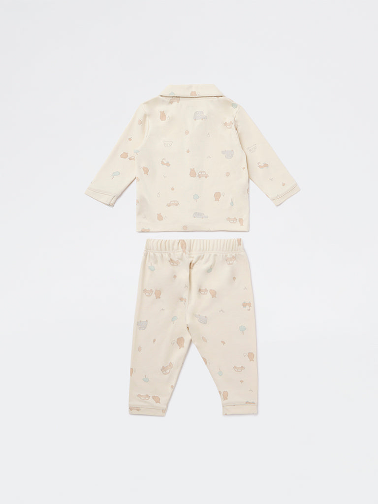 HOP Baby Boys Beige Printed SUPIMA Cotton Shirt and Pants Set