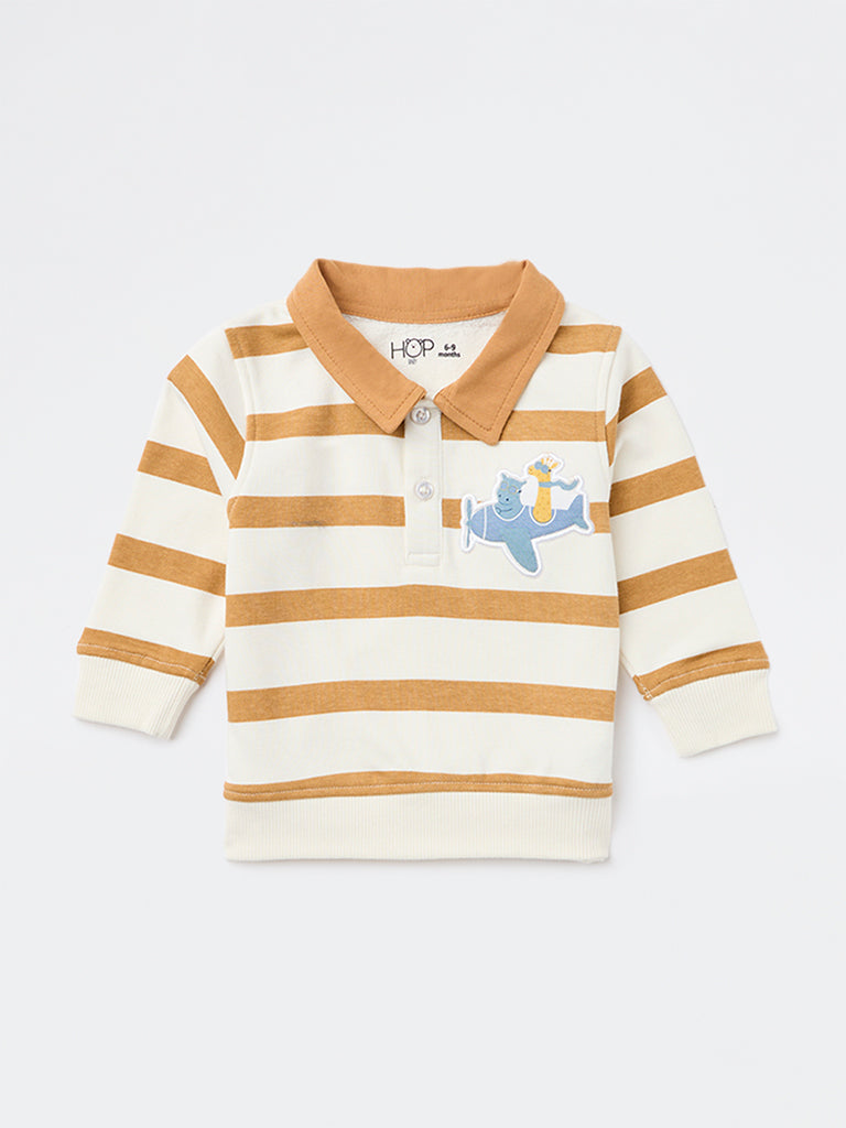 HOP Baby Boys White Striped Cotton-Blend Sweatshirt