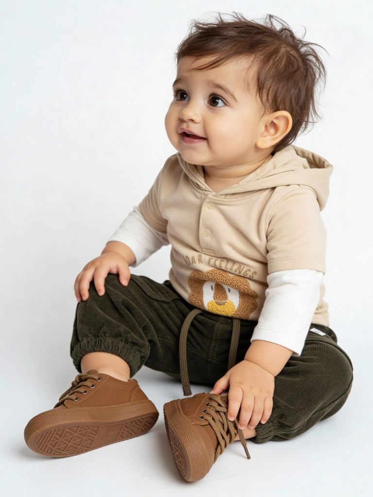 HOP Baby Boys Beige Embroidered Cotton-Blend Hooded Sweatshirt