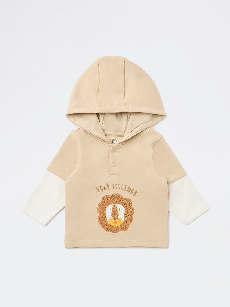 HOP Baby Boys Beige Embroidered Cotton-Blend Hooded Sweatshirt