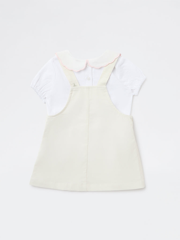 HOP Baby Girls Off-White Cotton T-Shirt and Pinafore Set
