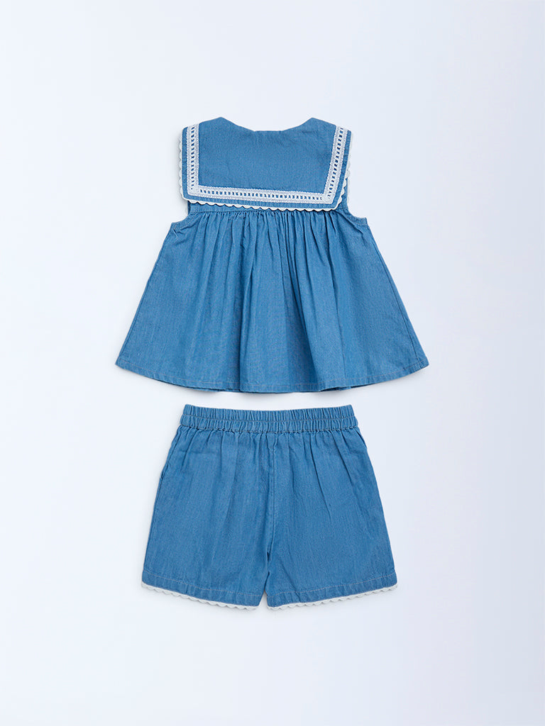 HOP Baby Girls Blue Embroidered Denim Top and Shorts Set