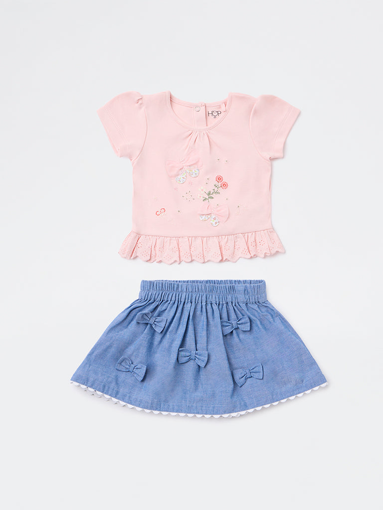 HOP Baby Girls Pink Embroidered Cotton Top and Skirt Set
