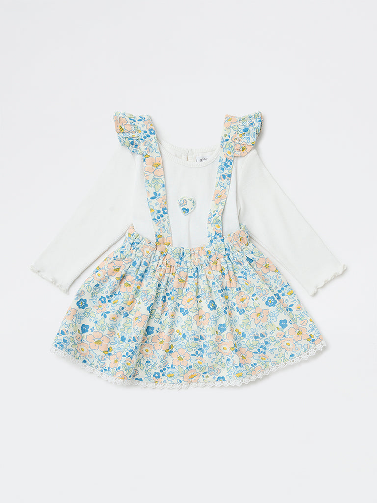 HOP Baby Girls Blue Floral Cotton-Blend Pinafore with T-Shirt Set