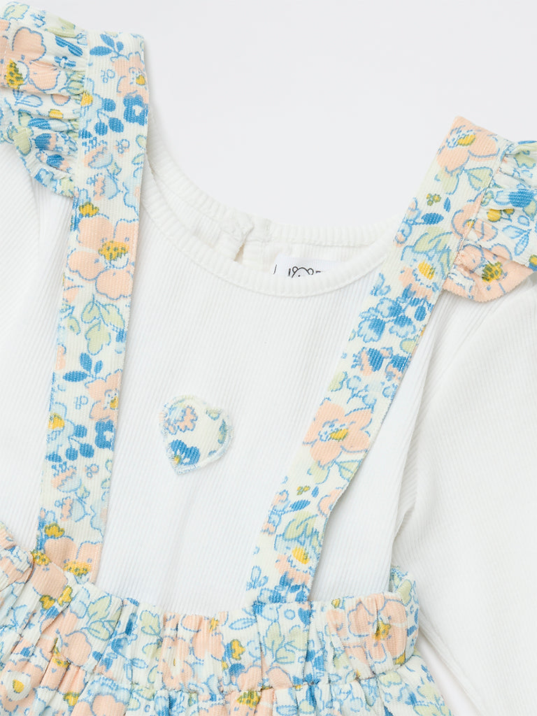 HOP Baby Girls Blue Floral Cotton-Blend Pinafore with T-Shirt Set