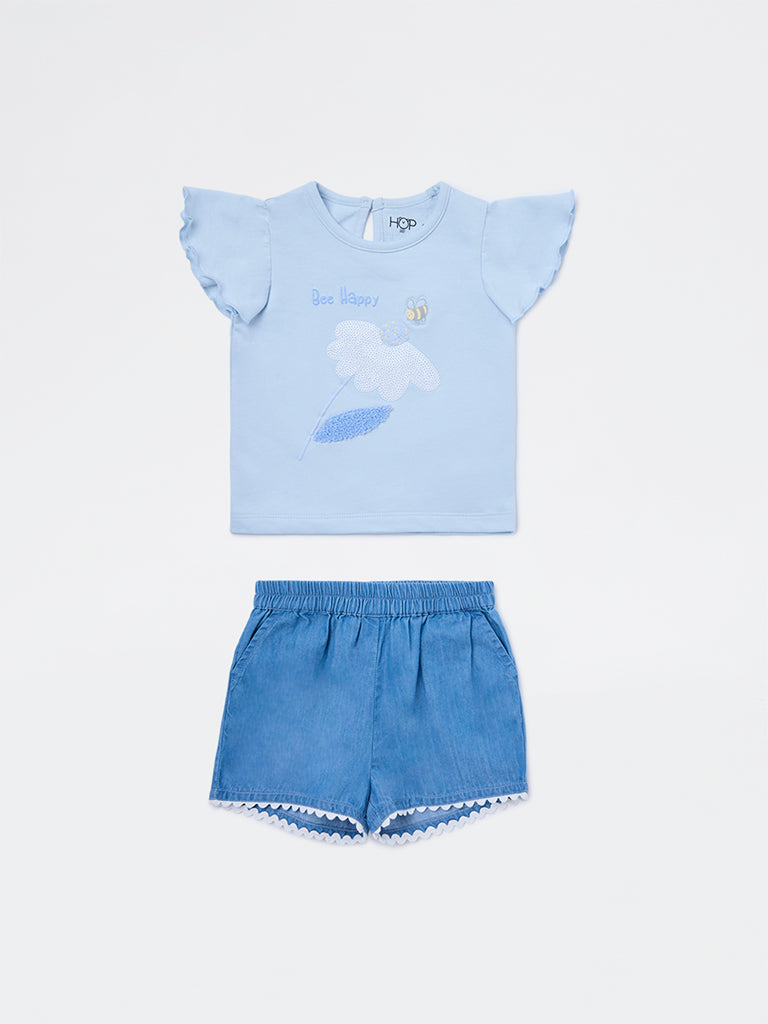 HOP Baby Girls Blue Floral Cotton T-Shirt and Shorts Set