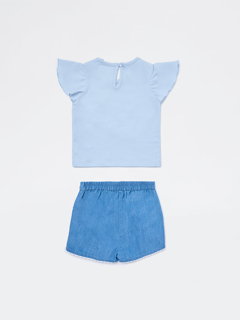 HOP Baby Girls Blue Floral Cotton T-Shirt and Shorts Set