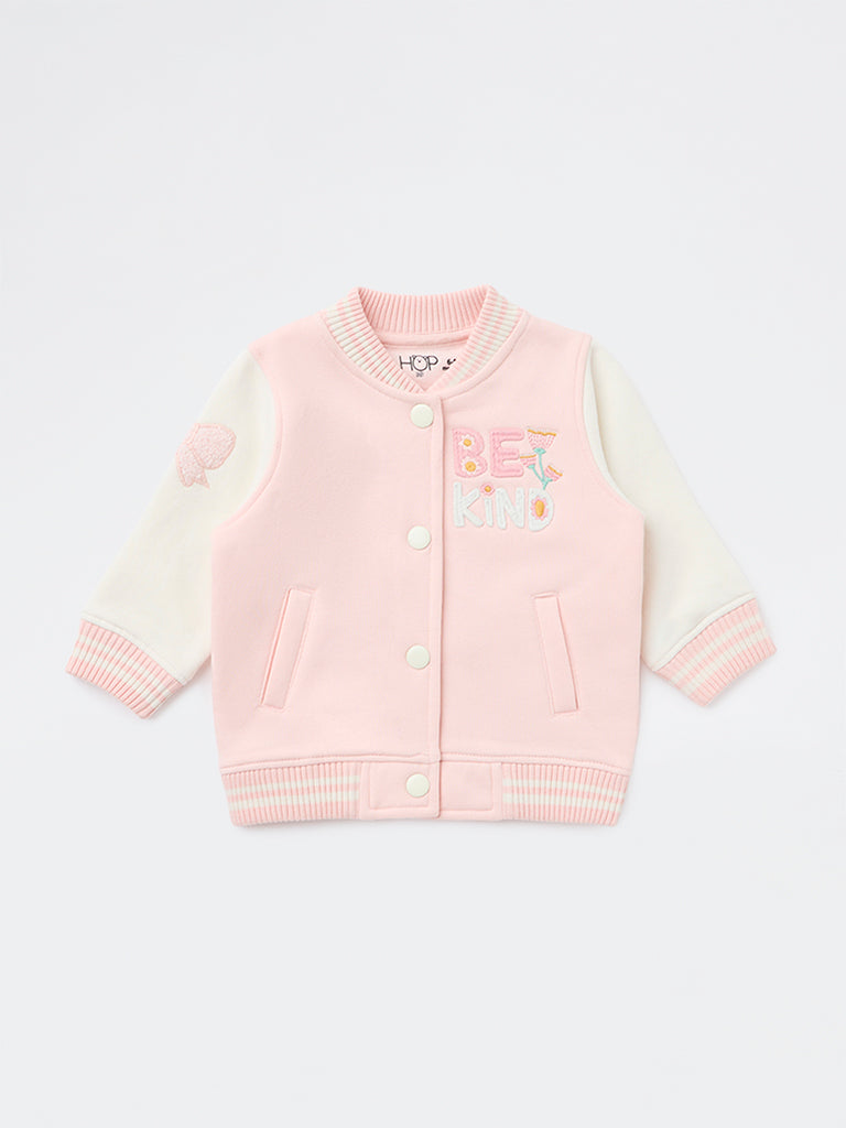 HOP Baby Girls Pink Embroidered Cotton-Blend Varsity Jacket