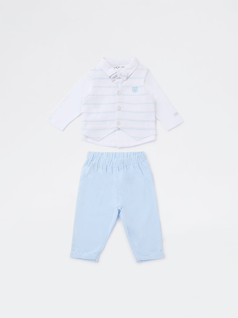 HOP Baby Boys Blue Striped Cotton-Blend Waistcoat, Shirt, Pants and Bow Set