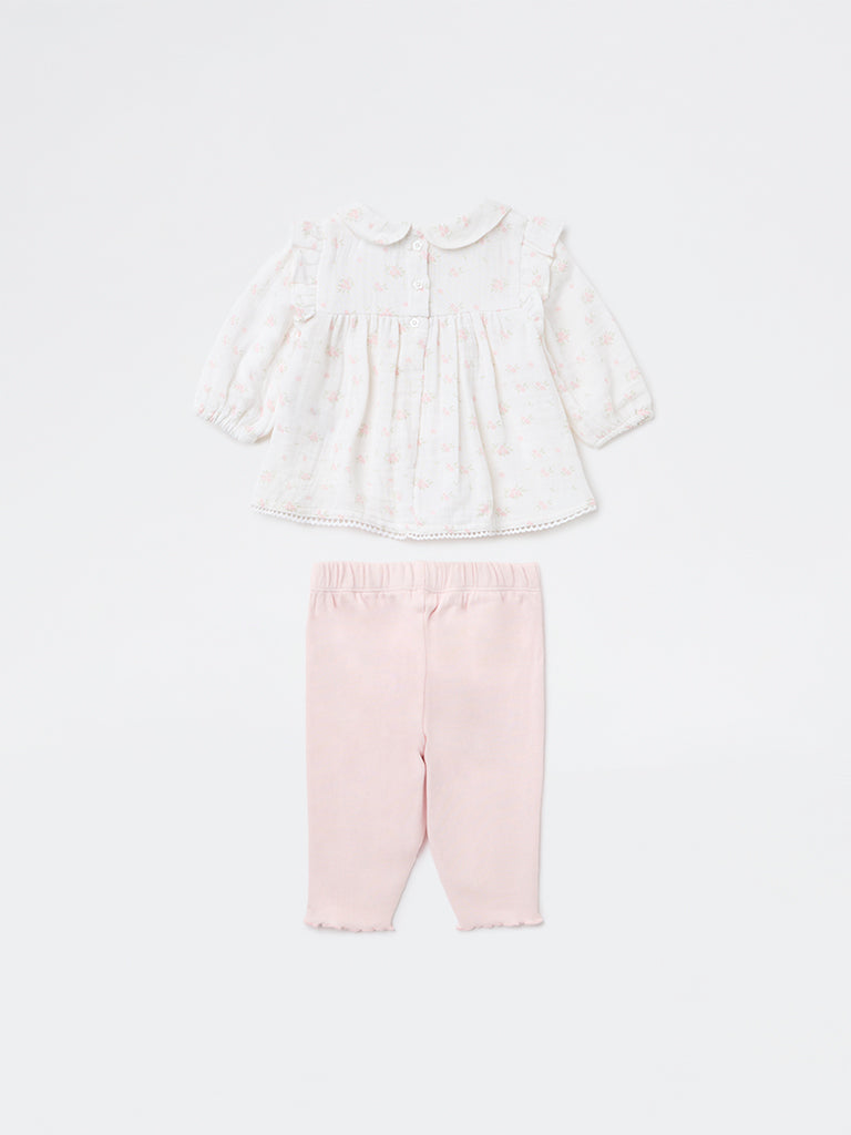 HOP Baby Girls White Cotton-Blend Top and Leggings Set