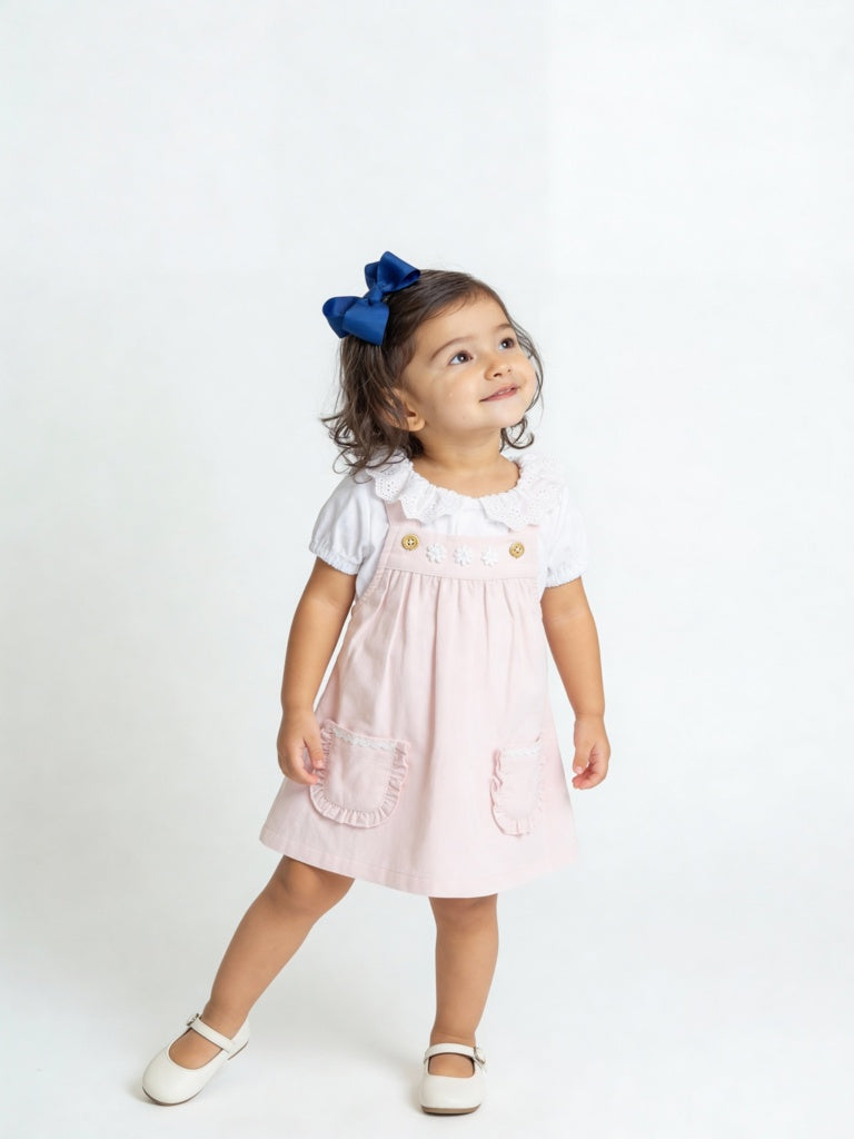 HOP Baby Girls Pink Embroidered Cotton T-Shirt and Pinafore Set