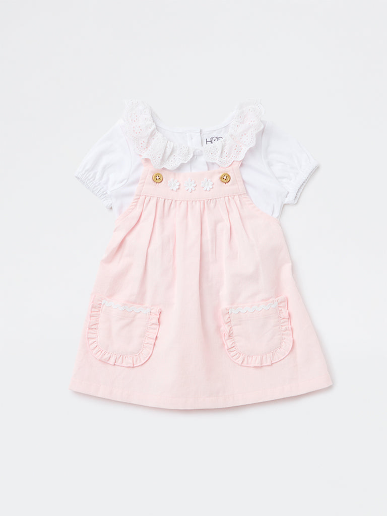 HOP Baby Girls Pink Embroidered Cotton T-Shirt and Pinafore Set