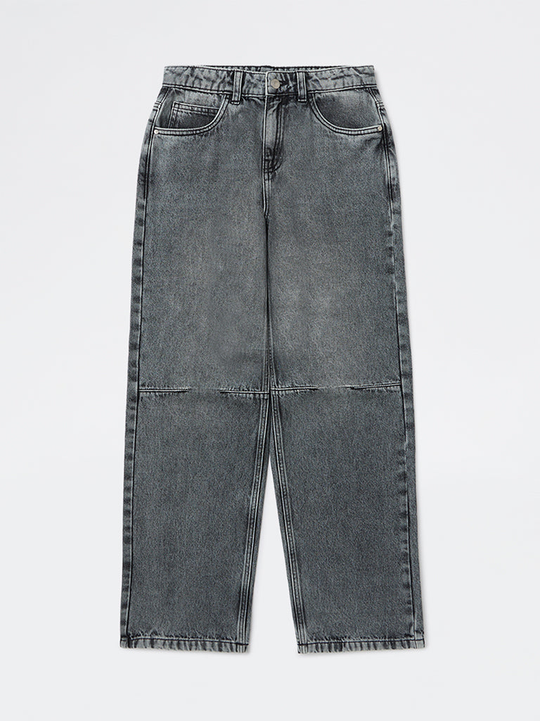 Boys Charcoal Washed Relaxed-Fit Mid-Rise Jeans