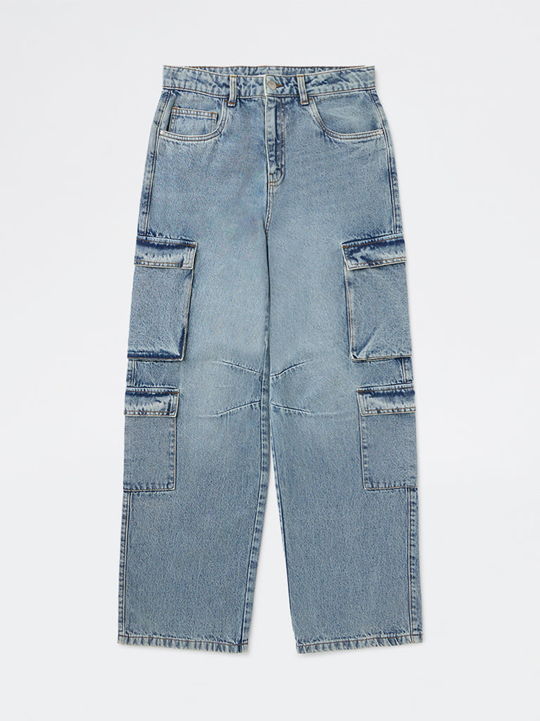 Boys Light Blue Washed Mid-Rise Jeans