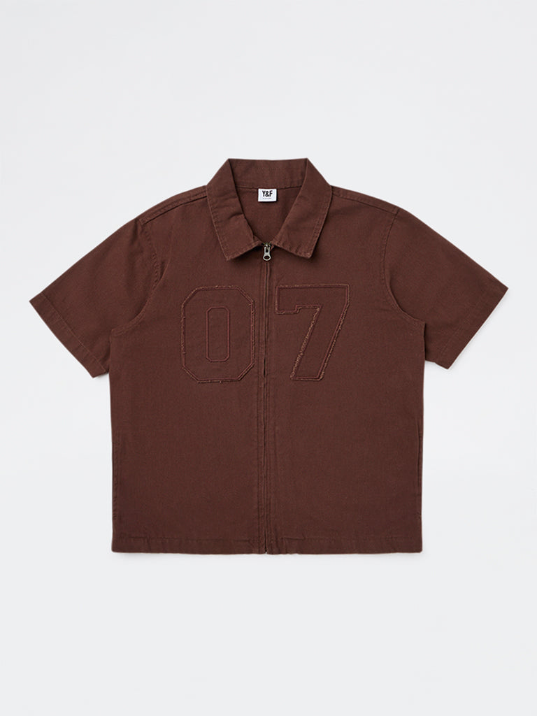 Boys Brown Numerical Embroidered Cotton Shirt