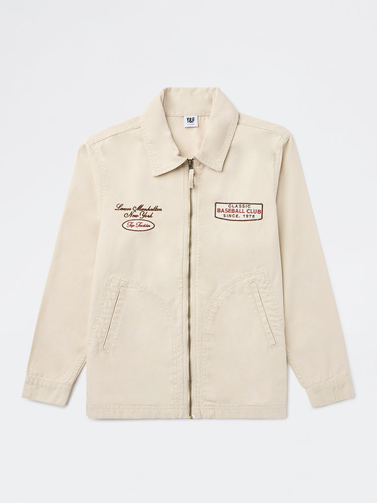 Boys Beige Text Detailed Denim Jacket