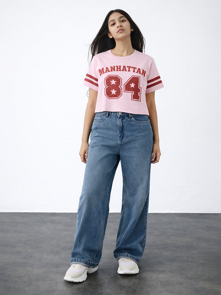 Girls Pink Printed Cotton T-Shirt