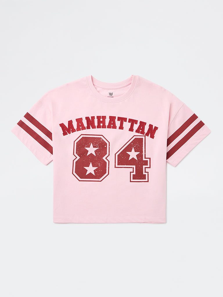Girls Pink Printed Cotton T-Shirt