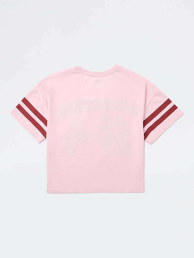 Girls Pink Printed Cotton T-Shirt