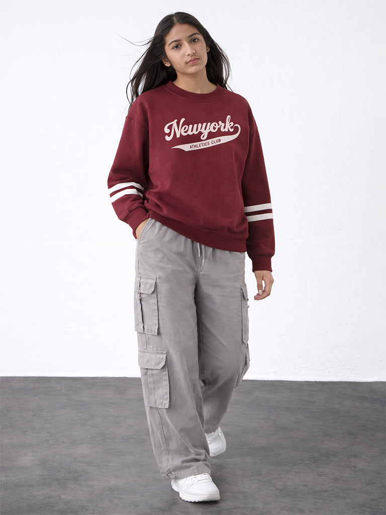 Girls Burgundy Typographic Cotton-Blend Sweatshirt