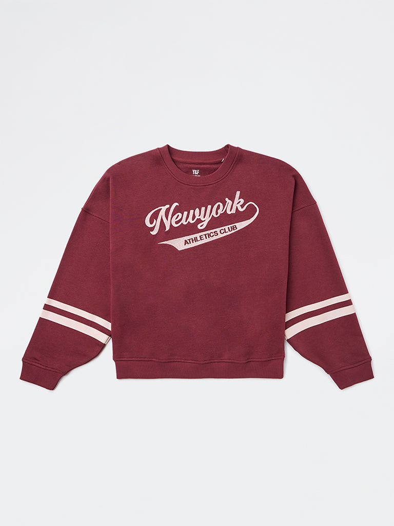 Girls Burgundy Typographic Cotton-Blend Sweatshirt