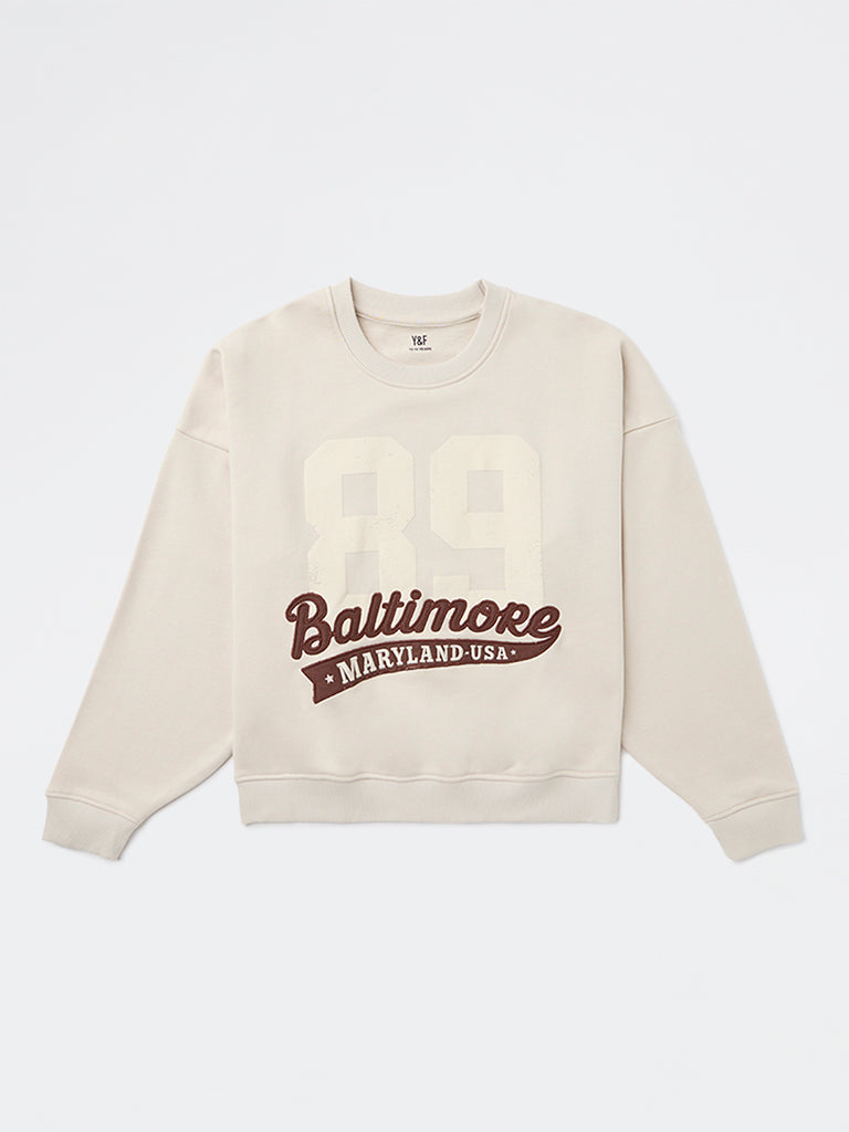 Girls Beige Printed Cotton-Blend Sweatshirt