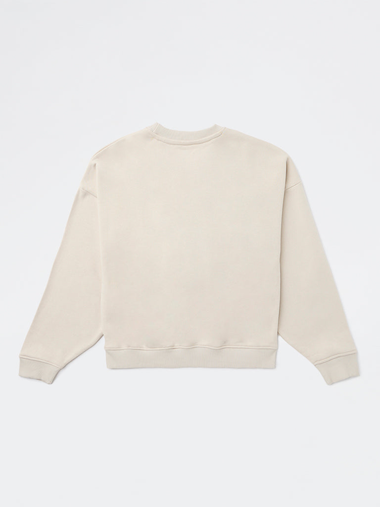 Girls Beige Printed Cotton-Blend Sweatshirt