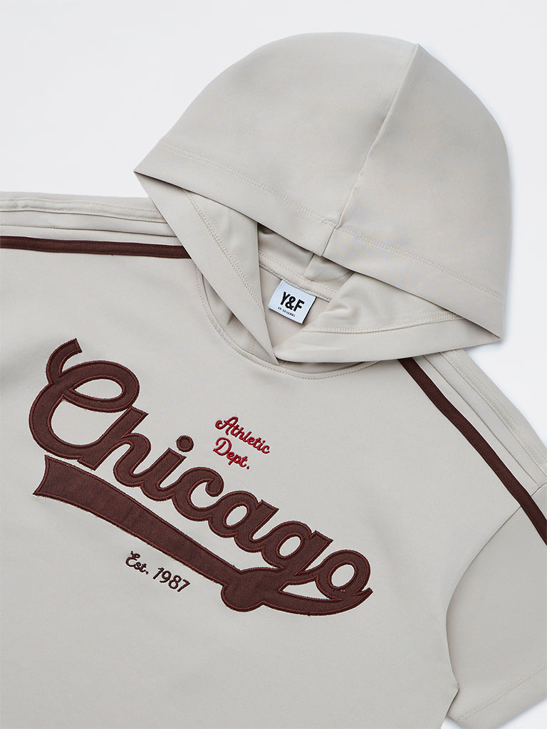 Girls Beige Text-Printed Hoodie