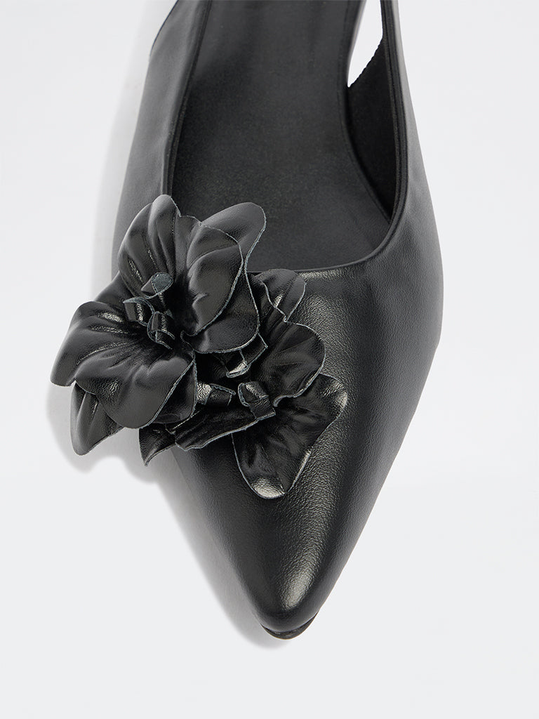 LUNA BLU Black Floral Detailed Pointed Toe Mules