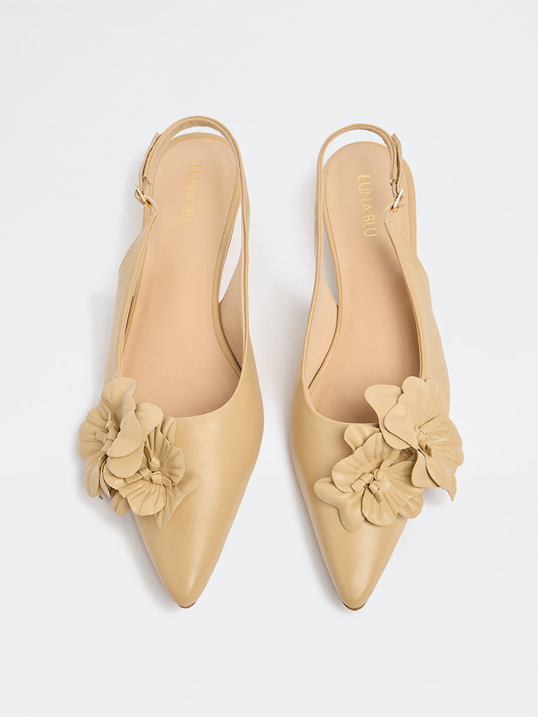 LUNA BLU Beige Floral Detailed Pointed Toe Mules