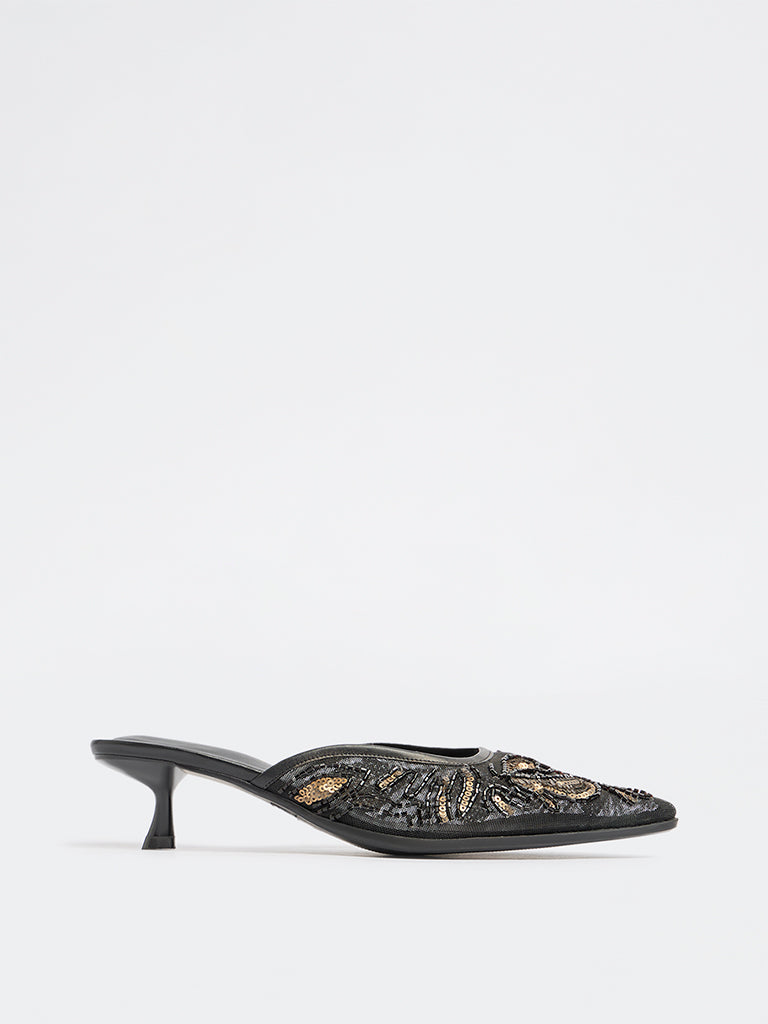 LUNA BLU Black Embellished Heel Mules