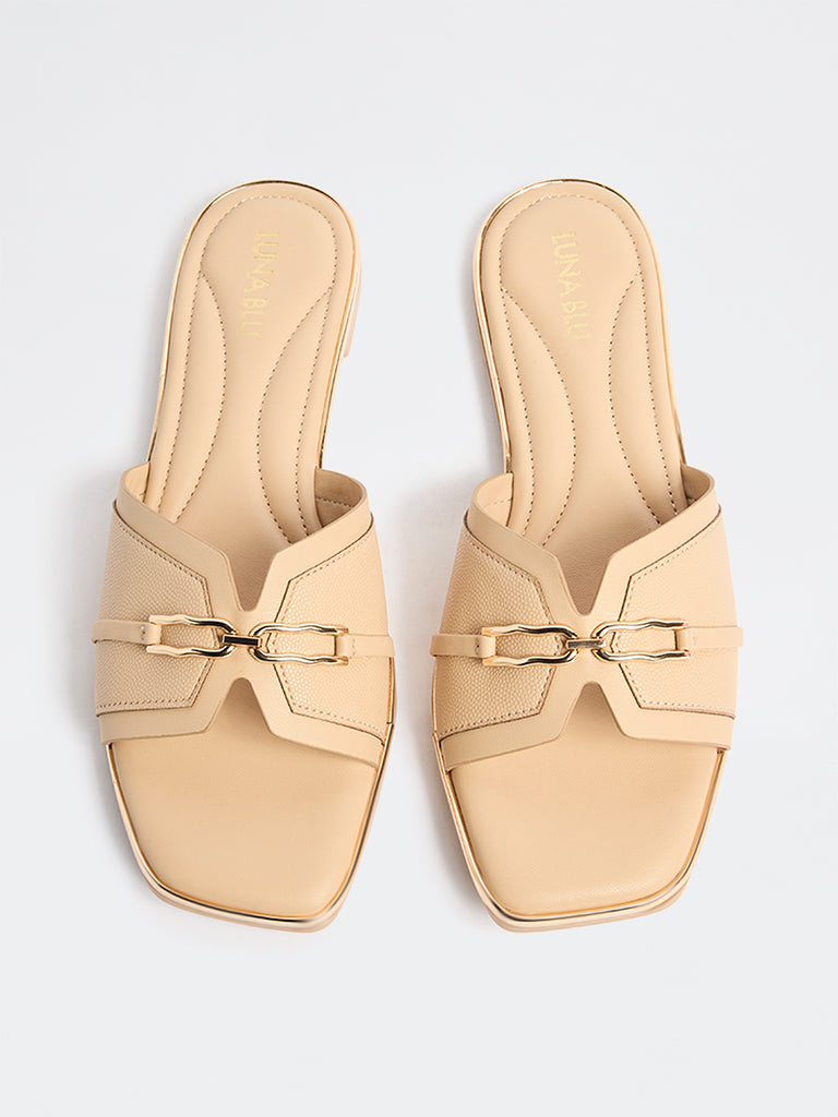 LUNA BLU Beige Metallic Detailed Slides