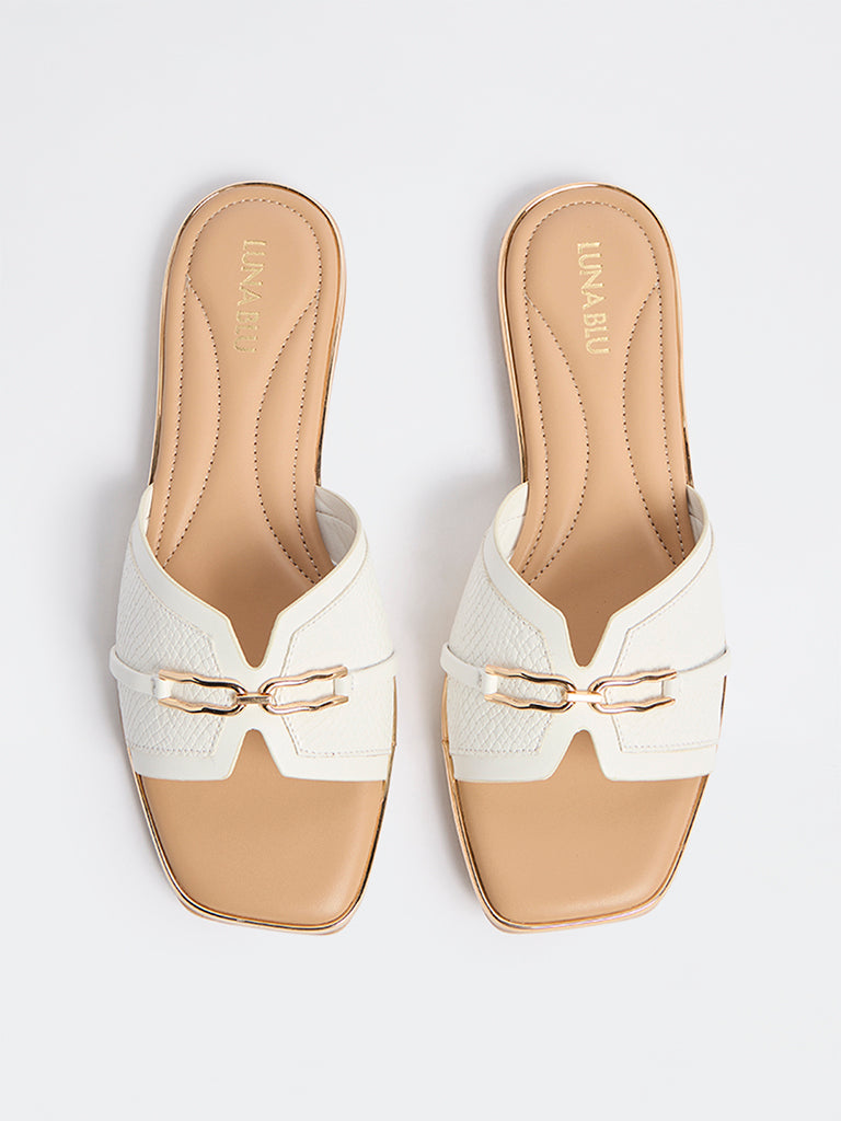 LUNA BLU White Buckle Detailed Slides
