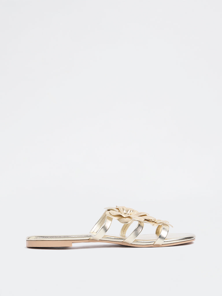 LUNA BLU Gold Floral Detailed Multi-Strap Slides