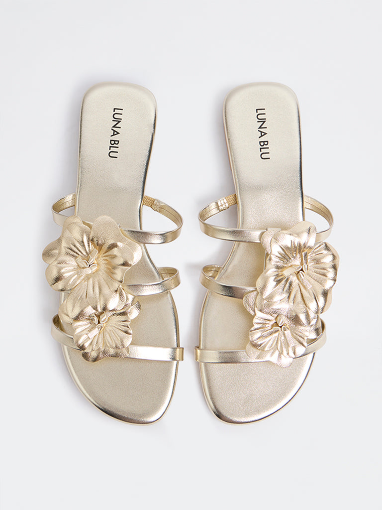 LUNA BLU Gold Floral Detailed Multi-Strap Slides