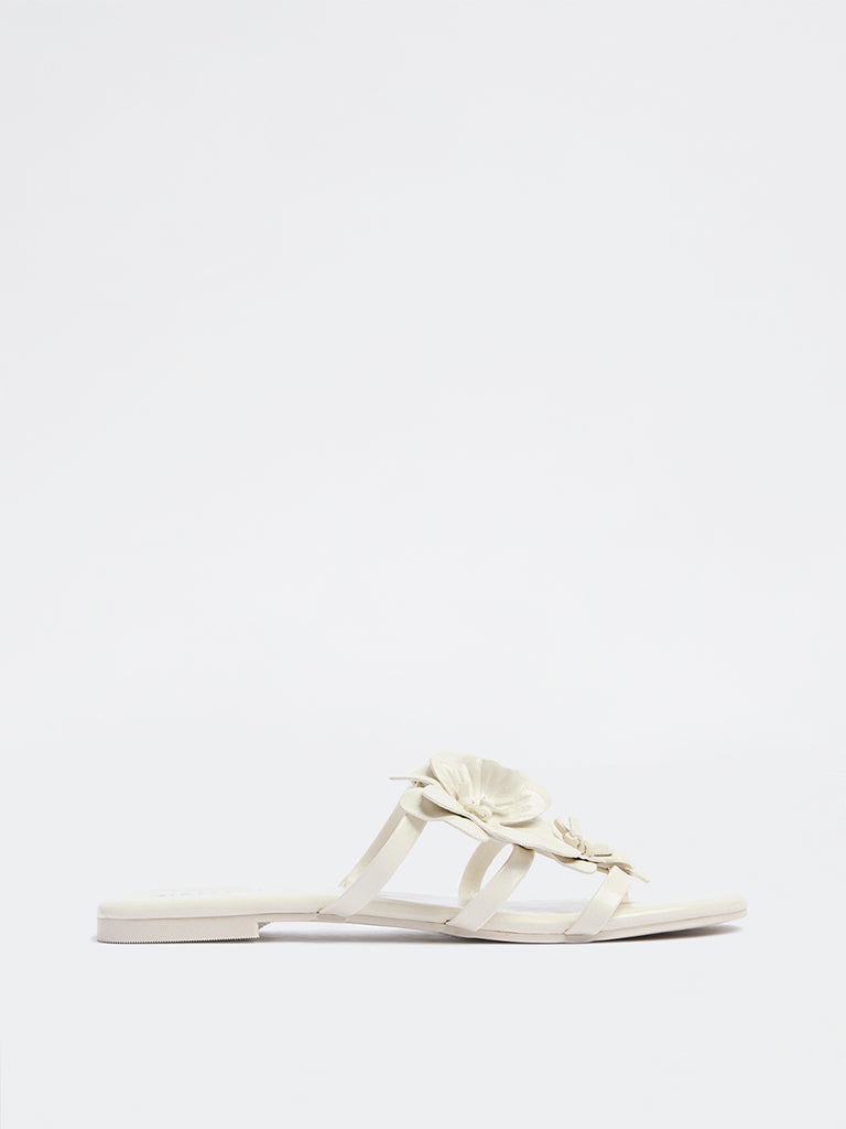 LUNA BLU Ivory Floral Detailed Multi-Strap Slides