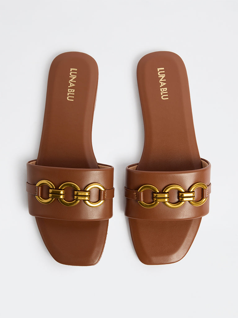 LUNA BLU Tan Buckle-Detailed Slides