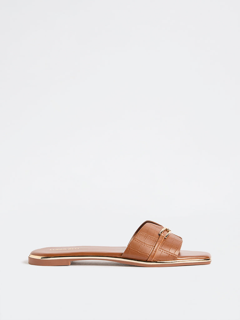 LUNA BLU Tan Buckle-Detailed Slides