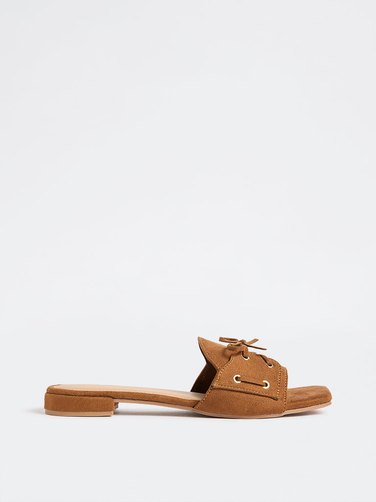 LUNA BLU Tan Lace-Detailed Suede Slides