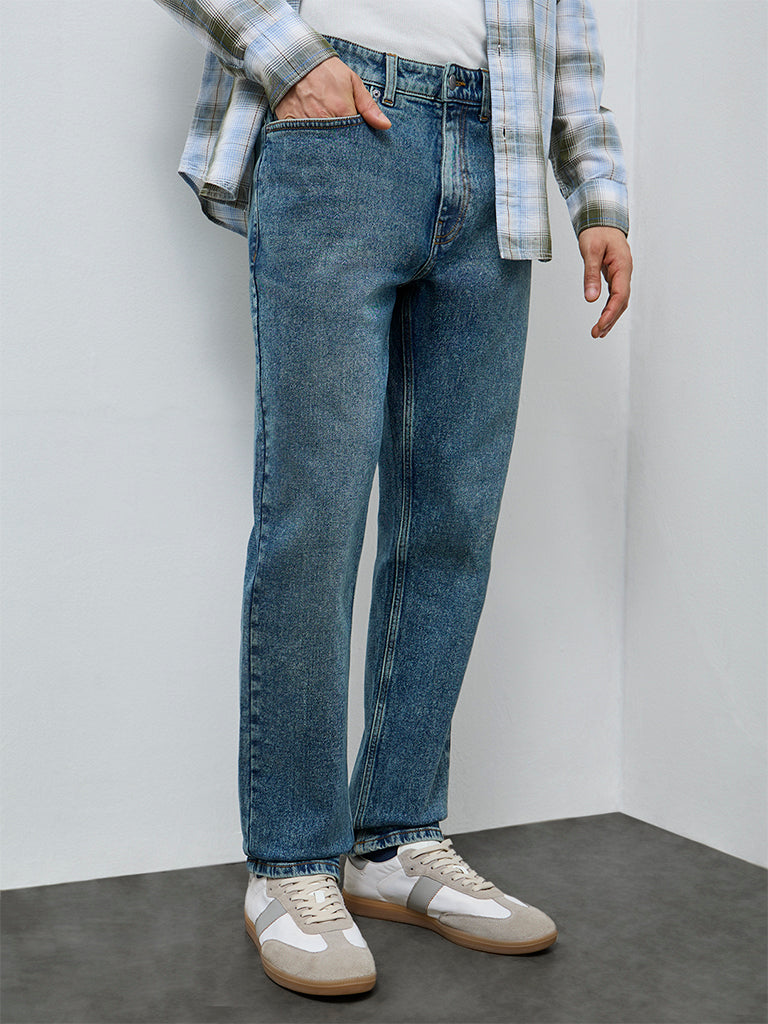 WES Casuals Blue Faded Relaxed-Fit Mid-Rise Jeans