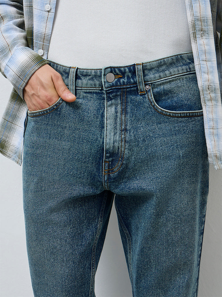 WES Casuals Blue Faded Relaxed-Fit Mid-Rise Jeans