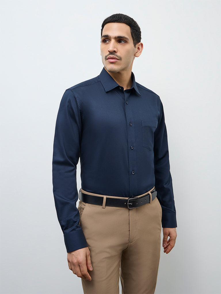 WES Formals Navy Solid Relaxed-Fit Cotton Shirt