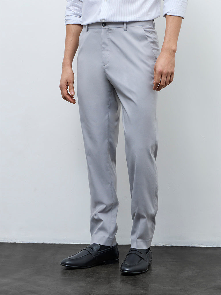WES Formals Grey Slim-Fit Mid-Rise Trousers